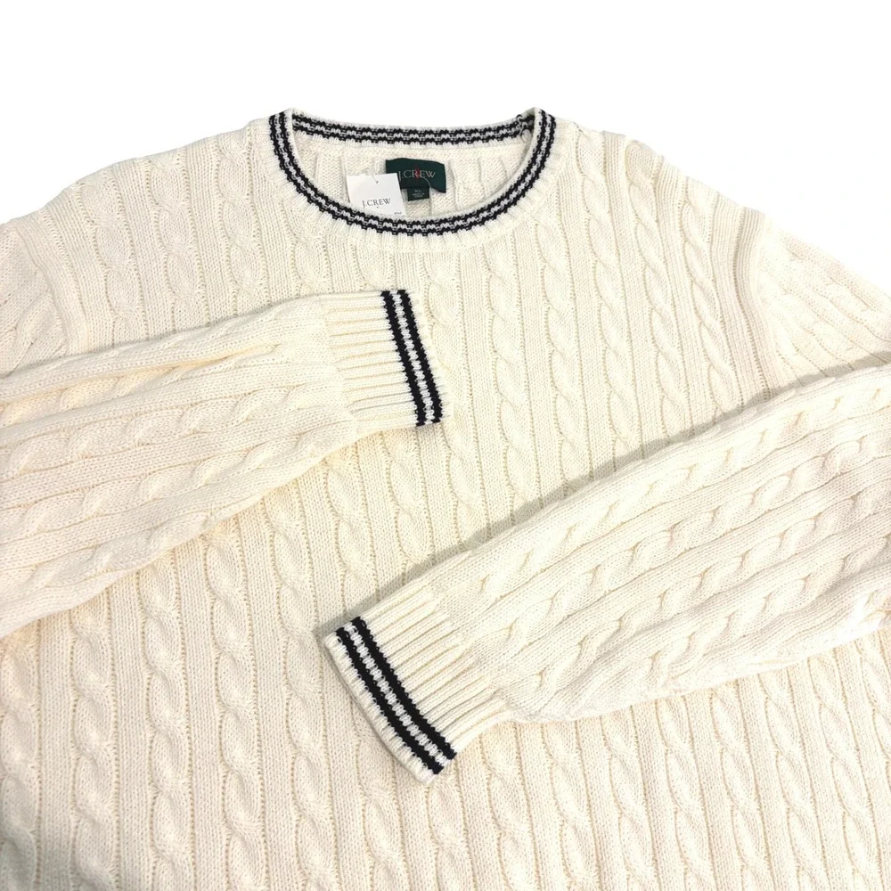 New J.Crew Big Cable Knit Sweater Mens XL Cream Navy Cotton Crewneck Long Arms